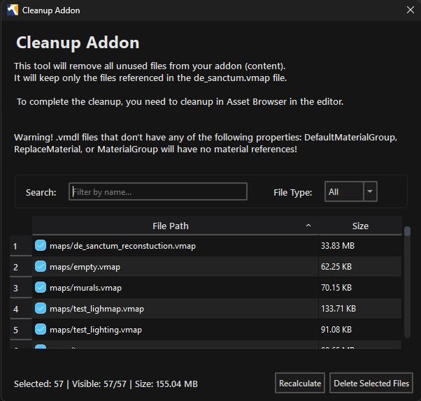 Cleanup Addon window showing files selected for review